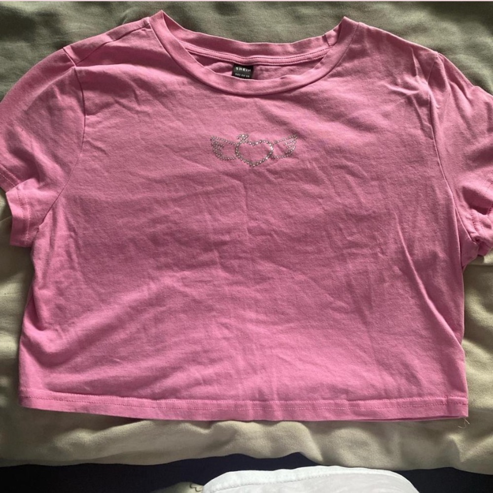 Pink Crop Top with Rhinestone Heart